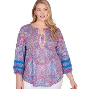 PLUS SIZE RUBY ROAD BRIGHT BLOOMS LACE TRIM PAISLEY BLOUSE SIZE 2X KEYHOLE NECK